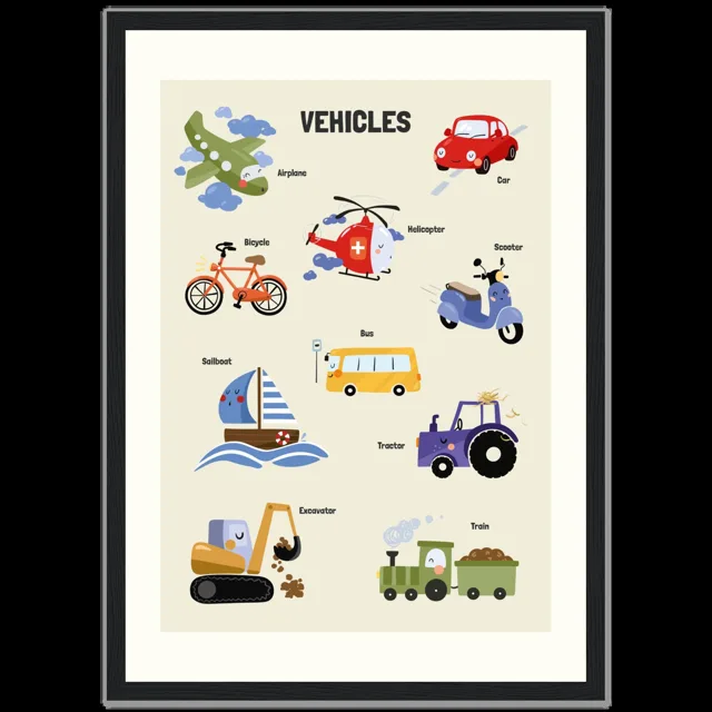 Dětský ilustrovaný plakát v rámu Vertical - A3 (29.7 x 42  cm) / Black frame / Vehicles