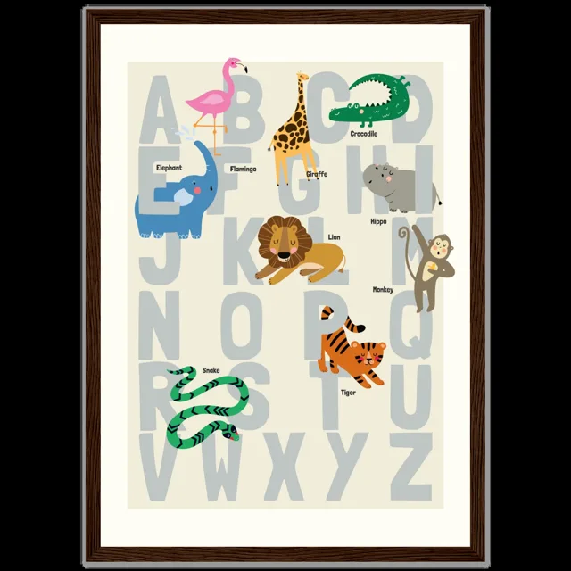 Dětský ilustrovaný plakát v rámu Vertical - A3 (29.7 x 42  cm) / Dark wood frame / Alphabet