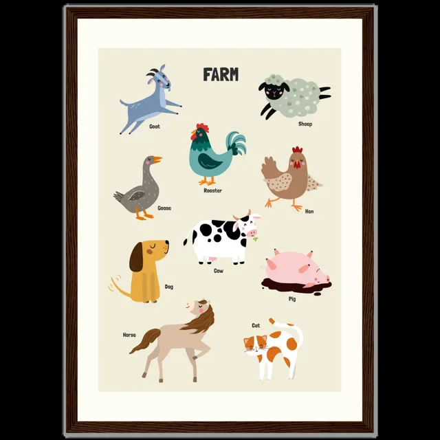 Dětský ilustrovaný plakát v rámu Vertical - A3 (29.7 x 42  cm) / Dark wood frame / Farm