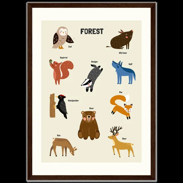 Dětský ilustrovaný plakát v rámu Vertical - A3 (29.7 x 42  cm) / Dark wood frame / Forest