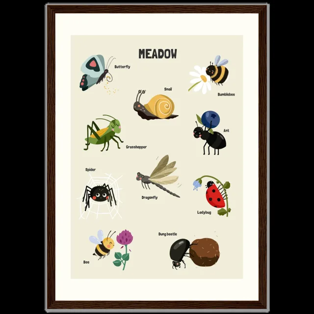 Dětský ilustrovaný plakát v rámu Vertical - A3 (29.7 x 42  cm) / Dark wood frame / Meadow