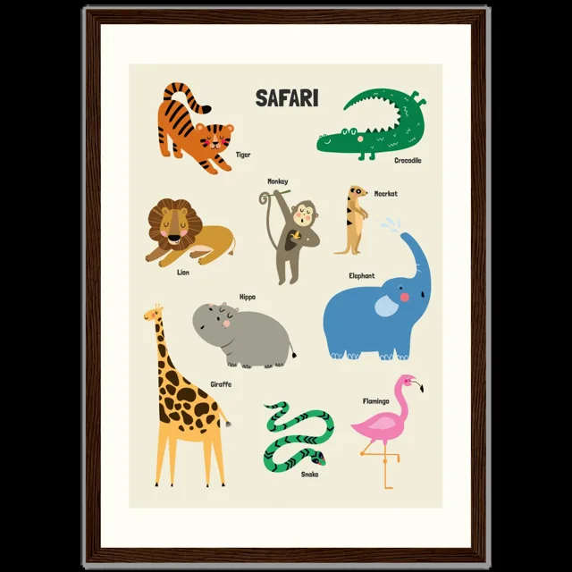 Dětský ilustrovaný plakát v rámu Vertical - A3 (29.7 x 42  cm) / Dark wood frame / Safari
