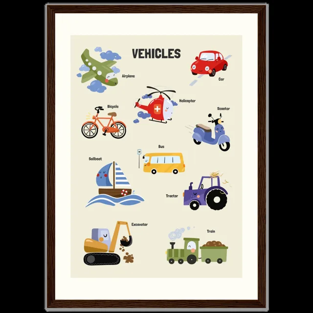 Dětský ilustrovaný plakát v rámu Vertical - A3 (29.7 x 42  cm) / Dark wood frame / Vehicles