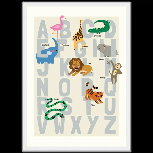 Dětský ilustrovaný plakát v rámu Vertical - A3 (29.7 x 42  cm) / White frame / Alphabet