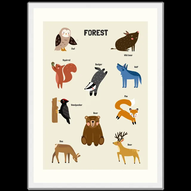 Dětský ilustrovaný plakát v rámu Vertical - A3 (29.7 x 42  cm) / White frame / Forest