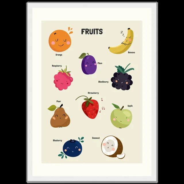 Dětský ilustrovaný plakát v rámu Vertical - A3 (29.7 x 42  cm) / White frame / Fruits