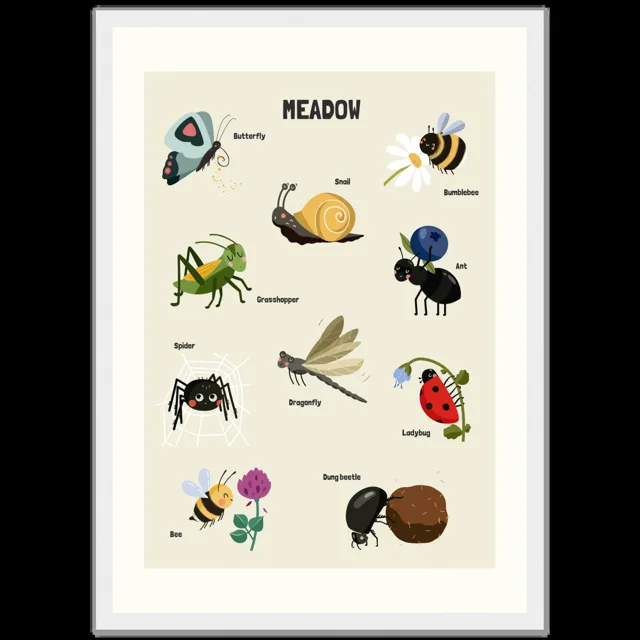 Dětský ilustrovaný plakát v rámu Vertical - A3 (29.7 x 42  cm) / White frame / Meadow
