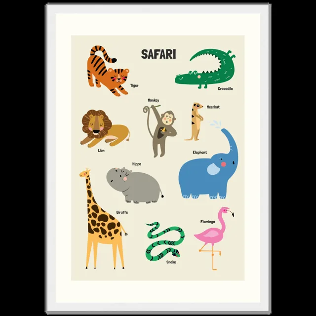 Dětský ilustrovaný plakát v rámu Vertical - A3 (29.7 x 42  cm) / White frame / Safari