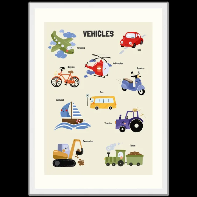 Dětský ilustrovaný plakát v rámu Vertical - A3 (29.7 x 42  cm) / White frame / Vehicles