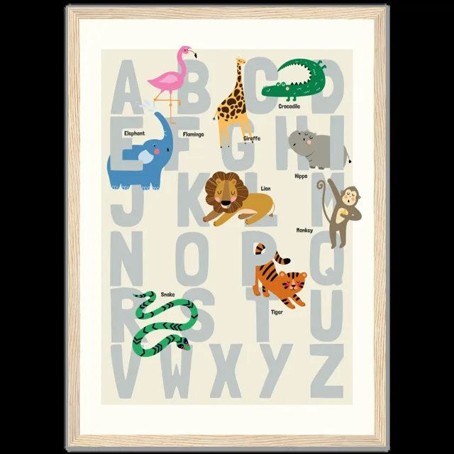 Dětský ilustrovaný plakát v rámu Vertical - A3 (29.7 x 42  cm) / Wood frame / Alphabet