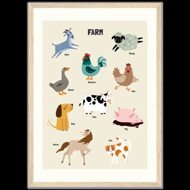 Dětský ilustrovaný plakát v rámu Vertical - A3 (29.7 x 42  cm) / Wood frame / Farm