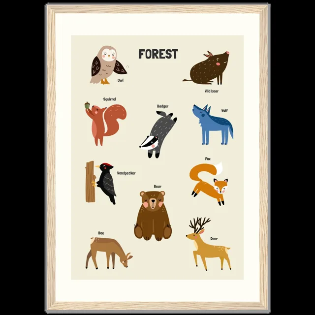 Dětský ilustrovaný plakát v rámu Vertical - A3 (29.7 x 42  cm) / Wood frame / Forest