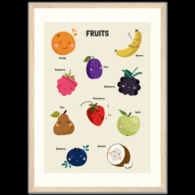 Dětský ilustrovaný plakát v rámu Vertical - A3 (29.7 x 42  cm) / Wood frame / Fruits