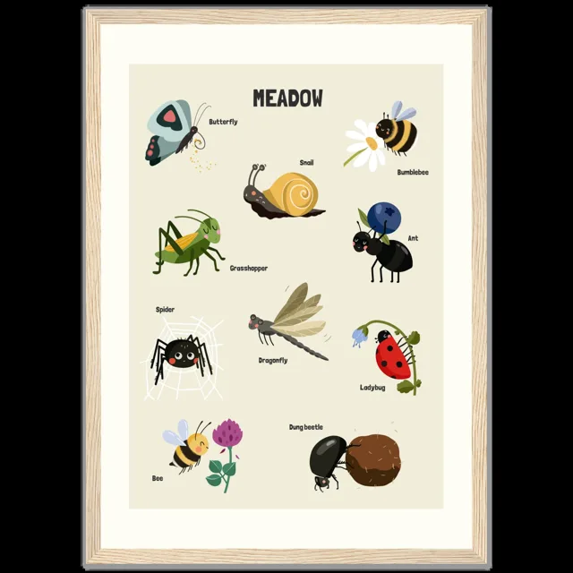 Dětský ilustrovaný plakát v rámu Vertical - A3 (29.7 x 42  cm) / Wood frame / Meadow