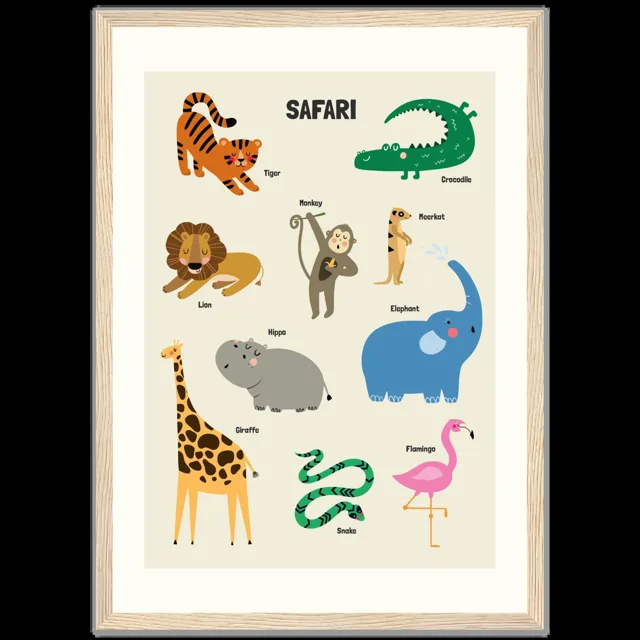 Dětský ilustrovaný plakát v rámu Vertical - A3 (29.7 x 42  cm) / Wood frame / Safari