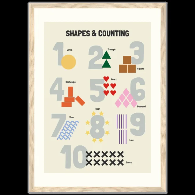 Dětský ilustrovaný plakát v rámu Vertical - A3 (29.7 x 42  cm) / Wood frame / Shapes & Counting