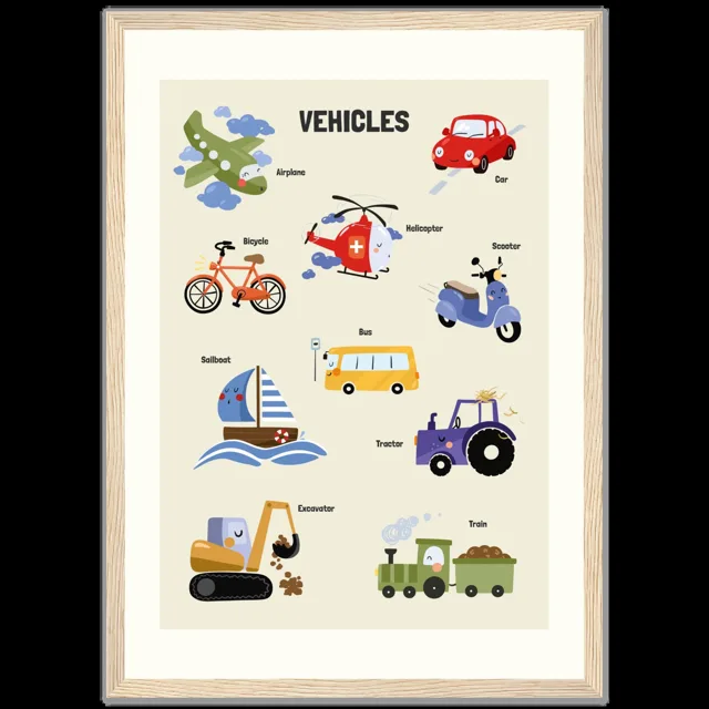 Dětský ilustrovaný plakát v rámu Vertical - A3 (29.7 x 42  cm) / Wood frame / Vehicles