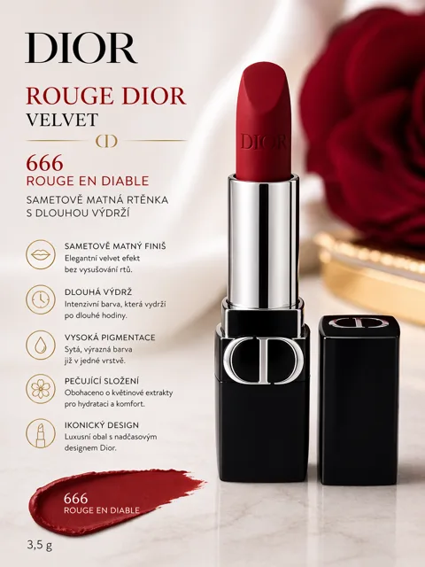 Dior Rouge Dior Velvet – odstín 666 Rouge en Diable - Ikonická luxusní rtěnka 3,5g