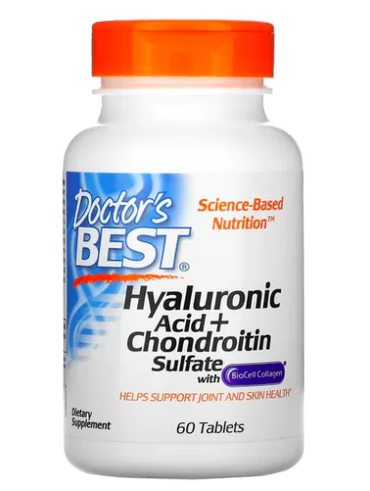 Doctor's Best Hyaluronic Acid + Chondroitin Sulfate with Biocell colagen (kyselina hyaluronová + chontroitin sulfát s obsahem Biocell kolagenu), 60 t…
