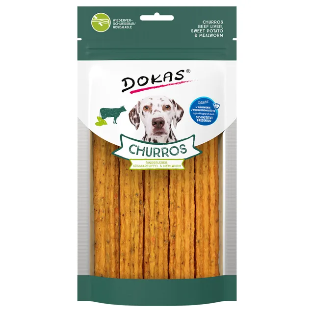Dokas Churros s hovězími játry, batáty a moučnými červy - Výhodné balení: 4 x cca 150 g