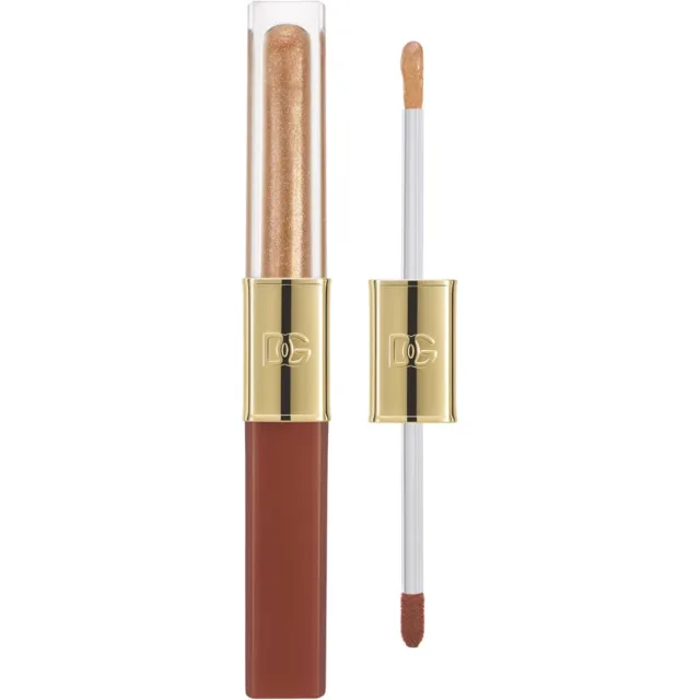 Dolce&Gabbana Make It Double! Lip Tint & Gloss Duo dlouhotrvající rtěnka a lesk na rty 2 v 1 odstín 04 Caramel Cola - Brown & Gold Shimmer 2x2 ml