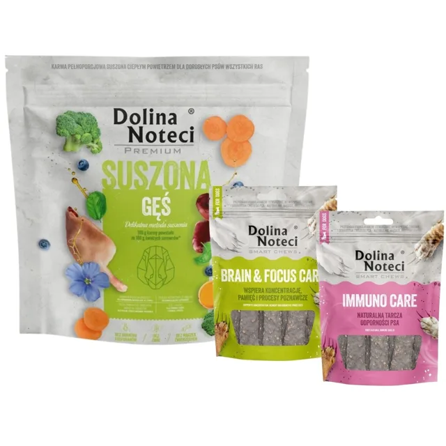DOLINA NOTECI Prémiové sušené krmivo pro husy 1 kg + Smart Chews Brain &amp; Focus Care a Immuno Care 2x100 g pamlsky pro psy
