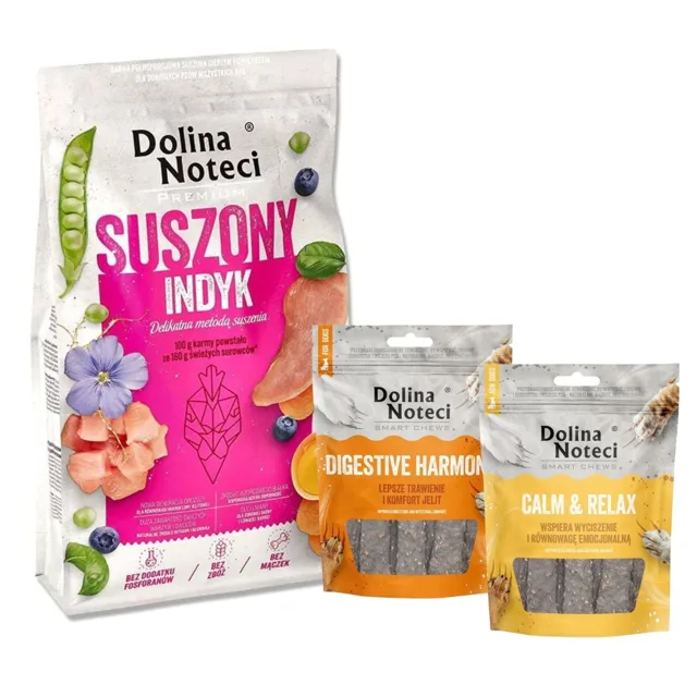 DOLINA NOTECI Prémiové sušené krmivo pro psy s krůtou 9 kg + žvýkací pamlsky Smart Chews Calm &amp; Relax a Digestive Harmony 2x100 g