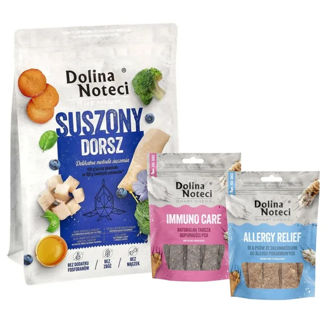 DOLINA NOTECI Prémiové sušené krmivo pro tresky 3 kg + Smart Chews Allergy Relief a Immuno Care 2x100 g pamlsky pro psy