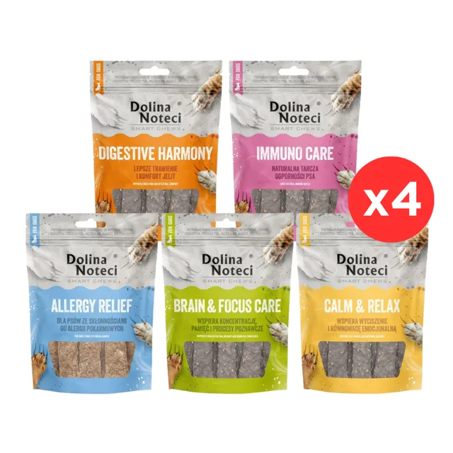 DOLINA NOTECI Smart Chews Mix 5 příchutí 20x100g podpora při redukci stresu, podpora kognitivních funkcí, podpora trávení, podpora při potravinových alergiích, podpora imunity, sušené pamlsky pro psa