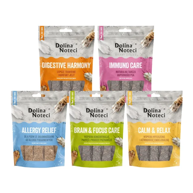 DOLINA NOTECI Smart Chews Mix 5 příchutí 5x100g podpora při redukci stresu, podpora kognitivních funkcí, podpora trávení, podpora při potravinových alergiích, podpora imunity, sušené pamlsky pro psa