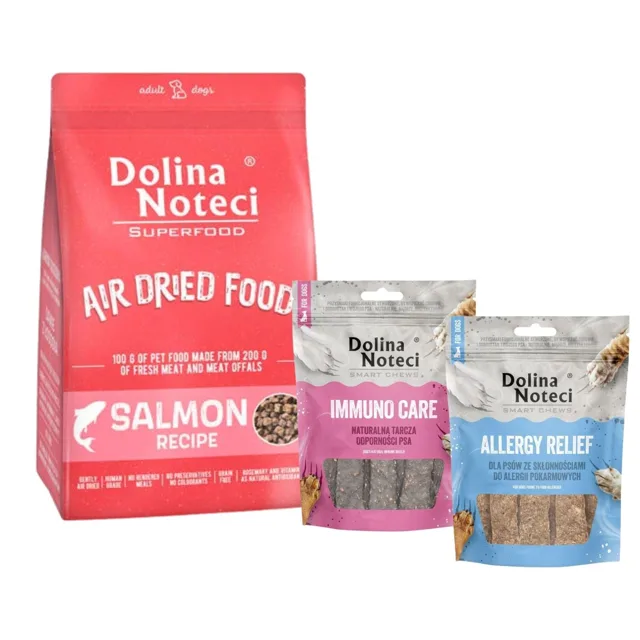 DOLINA NOTECI Superfood Sušené krmivo pro lososa 1 kg + Smart Chews Úleva od alergií a Immuno Care 2x100 g pamlsky pro psy
