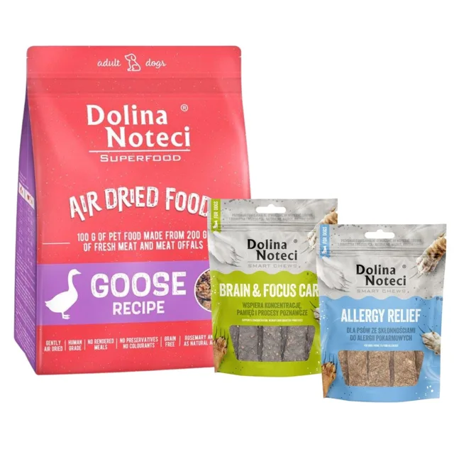 DOLINA NOTECI Sušené krmivo Superfood Goose Dish 1 kg + Smart Chews Úleva od alergií a Péče o mozek a soustředění 2x100 g psí pamlsky