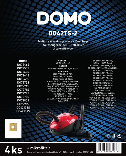 DOMO DO42TS-2 – textilní sáčky do vysavače (4 ks + mikrofiltr)