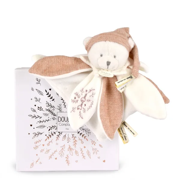 Doudou et Compagnie Paris Dárková sada Plyšový muchláček medvídek s čepičkou 25 cm růžový