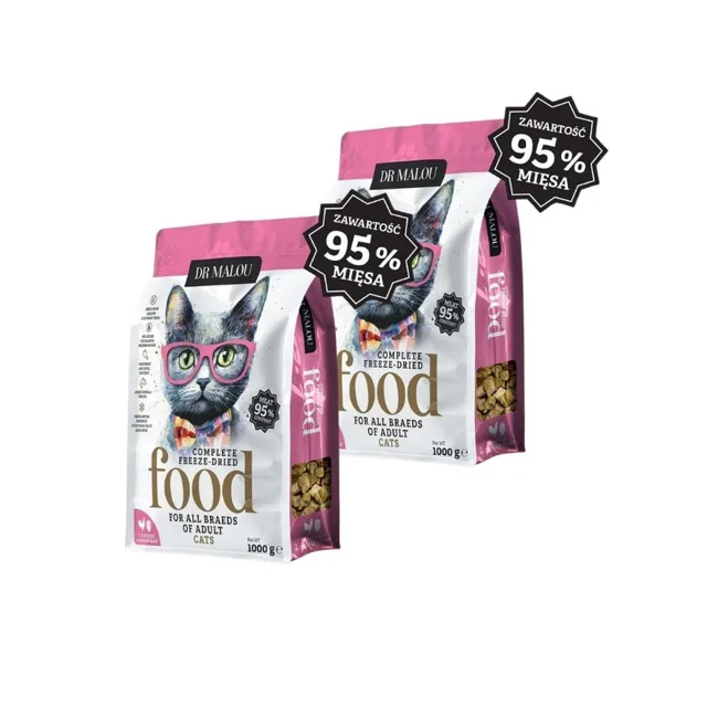 DR MALOU Lyofilizované krmivo Kuře s kuřecími srdci 2x1 kg suché krmivo pro kočky