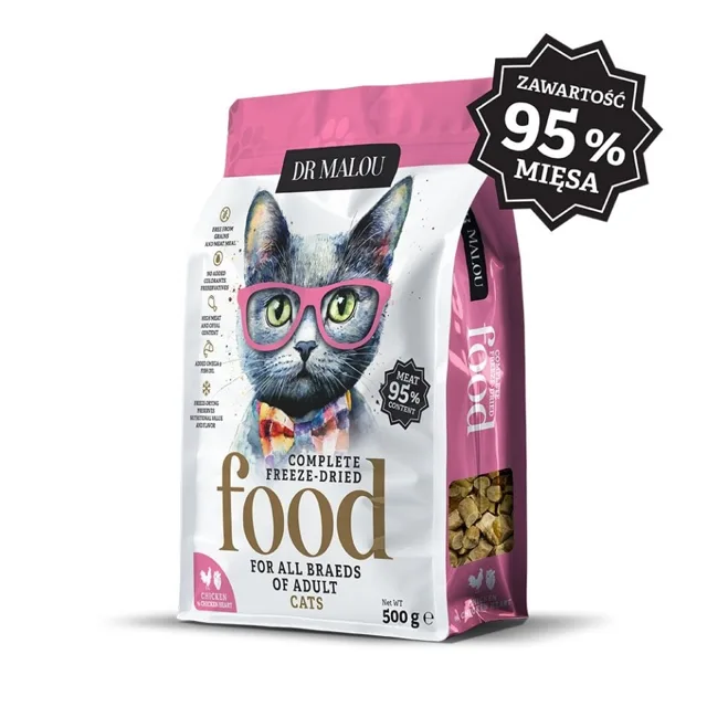 DR MALOU Lyofilizované krmivo Kuřecí s kuřecími srdci 500g granule pro kočky