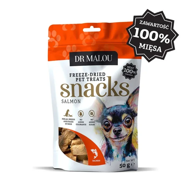 DR MALOU Masové kostky 100% lyofilizovaného masa lososa 50g pamlsky pro psy