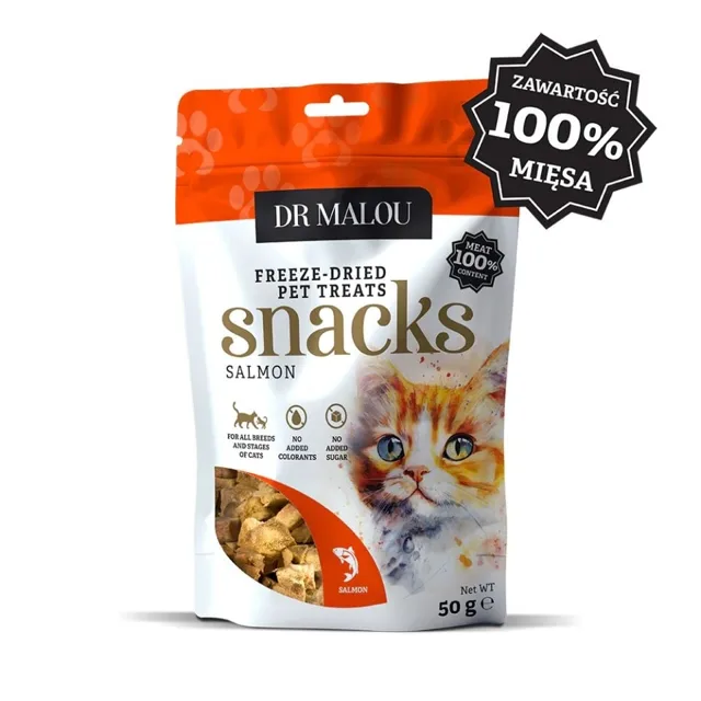 DR MALOU Masové kostky 100% z lyofilizovaného masa lososa 50 g pamlsky pro kočky