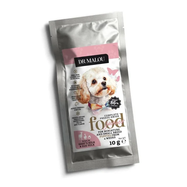 DR MALOU Puppies Liofilizované granule Kachna s kozím mlékem a žloutkem 10g pro štěňata