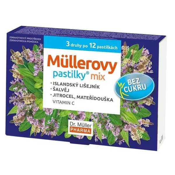DR. MÜLLER Müllerovy pastilky mix bez cukru 3 druhy po 12 kusech