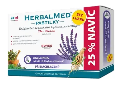 Dr.Weiss HerbalMed pastilky Šalvěj + ženšen s vitaminem C BEZ CUKRU pastilky pro podporu zdraví dýchacích cest 30 tablet
