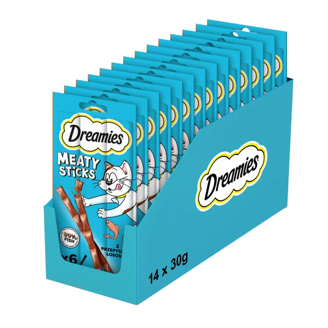 DREAMIES Meaty Sticks tyčinky s lahodným lososem pro dospělé kočky 14x30 g