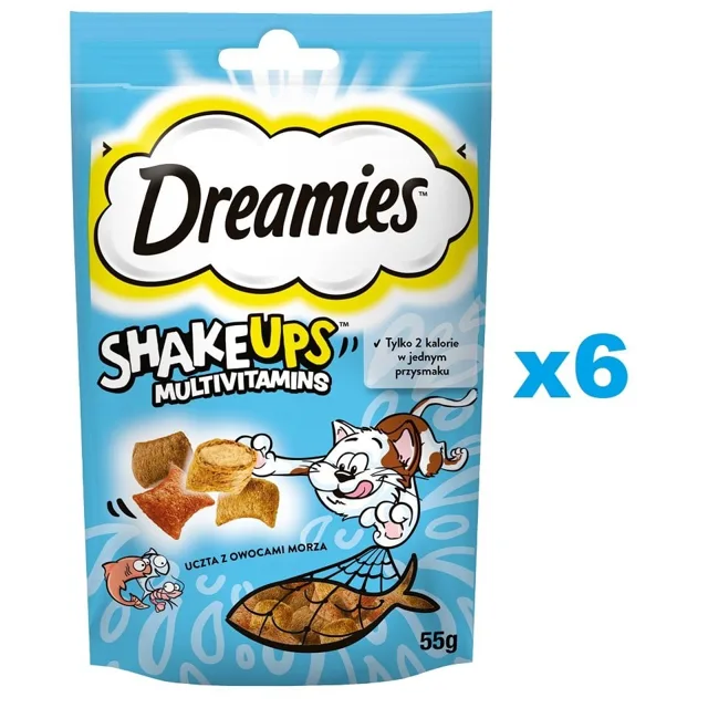 DREAMIES ShakeUps Multivitamins 6x55g pochoutka z mořských plodů pro kočky s příchutí lososa, tuňáka a krevet
