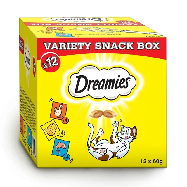 DREAMIES Variety Snack Box Pamlsky pro kočky s příchutí kuřete, sýra a lososa 720 g