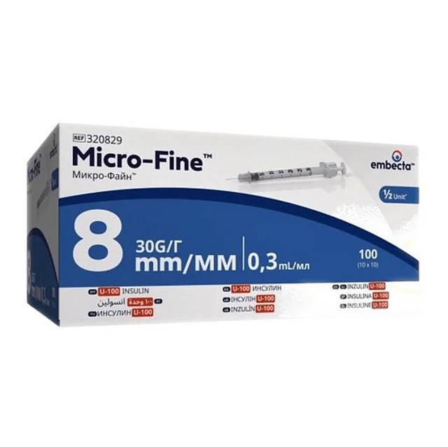 EMBECTA Micro-fine U-100 inzulinové stříkačky 8mm 0.3ml 100 kusů