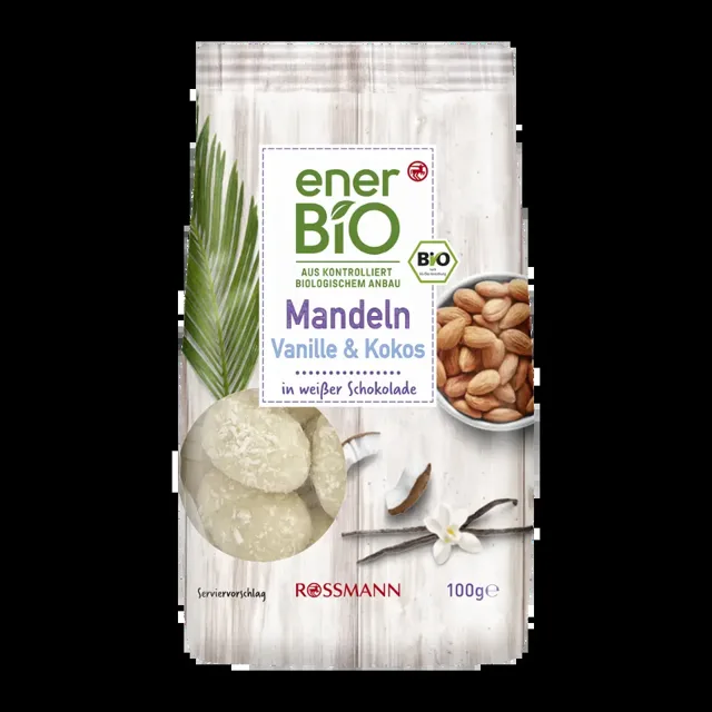 enerBiO Mandle v bílé čokoládě s vanilkou a kokosem 100 g