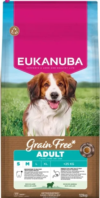 EUKANUBA Grain Free Adult Small Medium Lamb 12 kg bezobilná krmiva pro psy malých a středních plemen s jehněčím