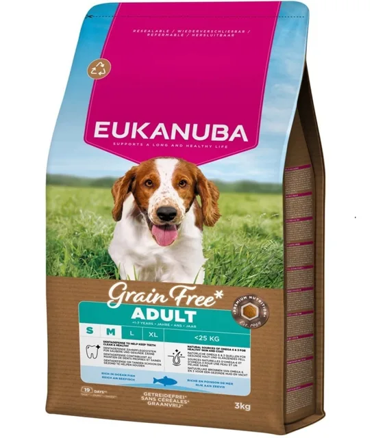 EUKANUBA Grain Free Adult Small Medium Ocean Fish 3 kg bezobilné krmivo pro dospělé psy malých a středních plemen s rybami