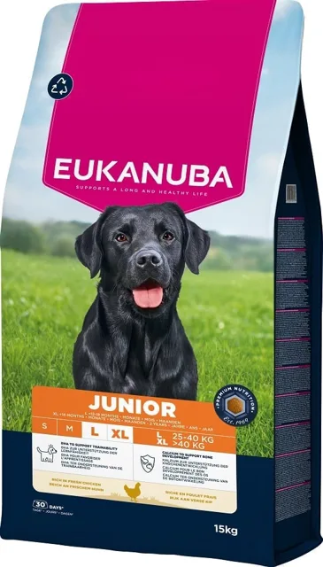 EUKANUBA Junior Large Breeds Chicken 15 kg krmivo pro mladé psy velkých plemen bohaté na čerstvé kuřecí maso