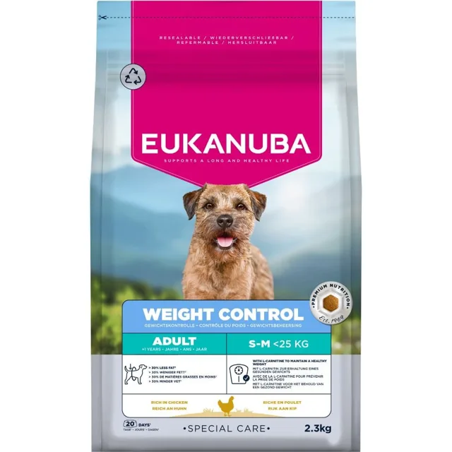 EUKANUBA Special Care Small &amp; Medium Breed Adult Dogs Weight Control 2,3 kg krmivo podporující kontrolu hmotnosti pro psy malých a středních plemen